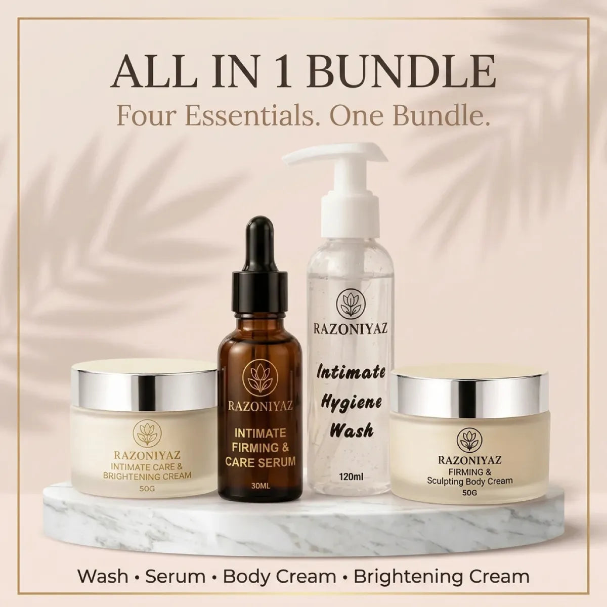 All in 1 Bundle”: Razo Niyaz four-product care bundle on a marble stand beneath “All in 1 Bundle” text.