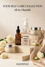 Your Self-Care Collection”: Razo Niyaz four-product bundle with white roses and satin beneath “Your Self-Care Collection” text.