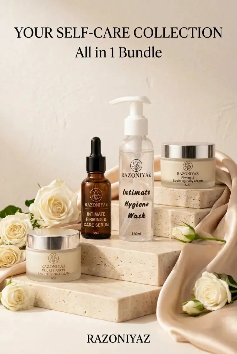 Your Self-Care Collection”: Razo Niyaz four-product bundle with white roses and satin beneath “Your Self-Care Collection” text.