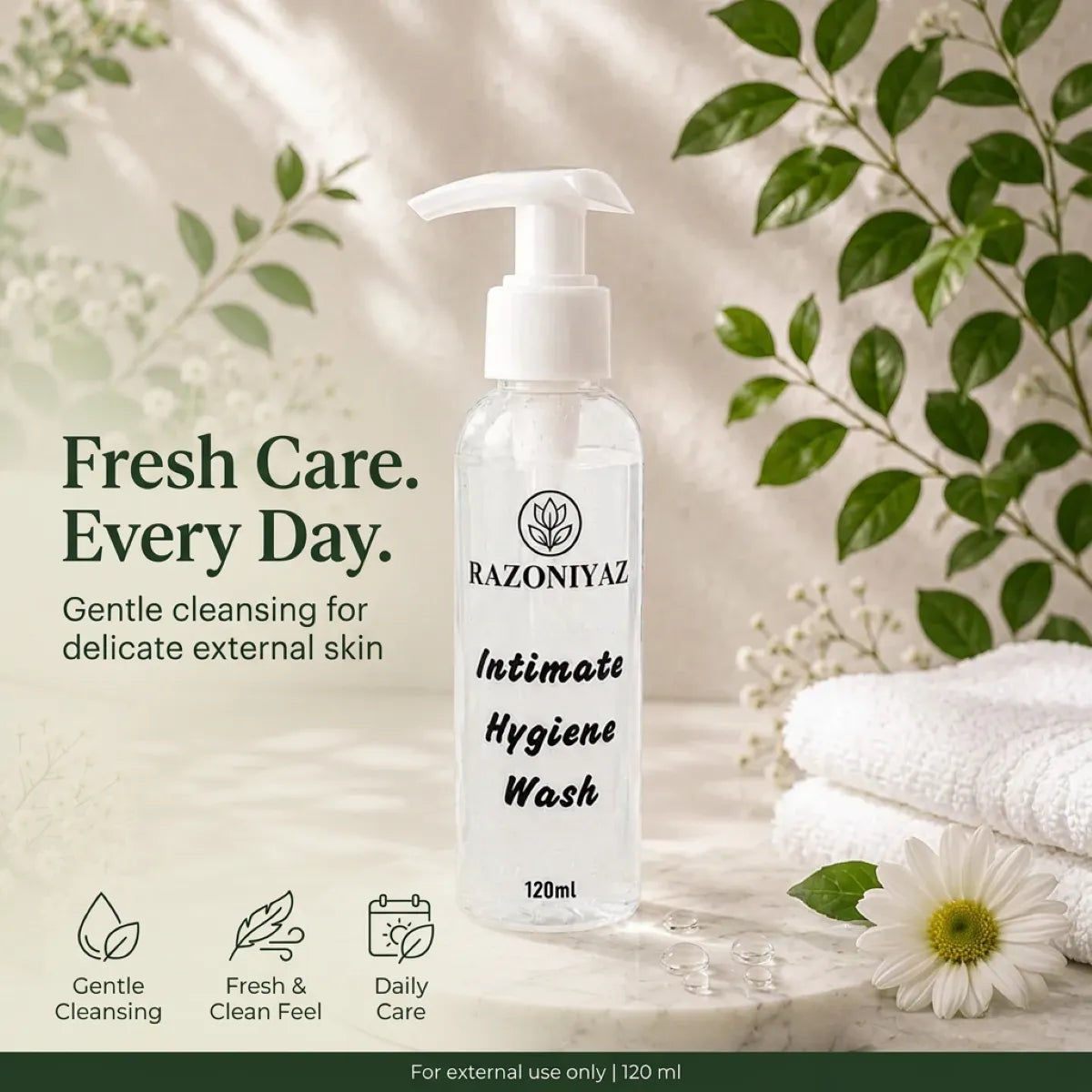 Razo Niyaz Intimate Hygiene Wash 120ml pump bottle on a white background.