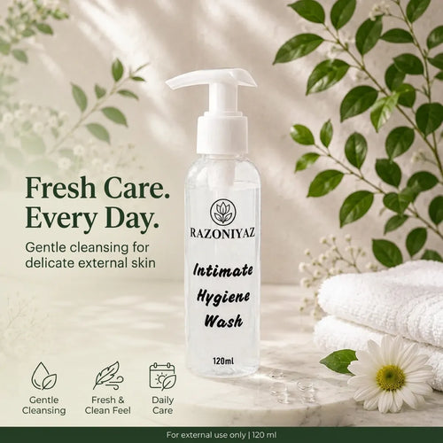 Razo Niyaz Intimate Hygiene Wash 120ml pump bottle on a white background.