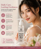 Woman holding Razo Niyaz Intimate Hygiene Wash beside daily-care product information.