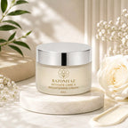 Razo Niyaz Intimate Care & Brightening Cream 50g jar on a marble stand with white flowers.
