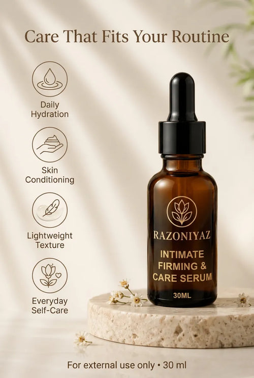 bottle ke left par icons: Razo Niyaz Intimate Firming & Care Serum 30ml bottle on a round stone stand beside four product feature icons.