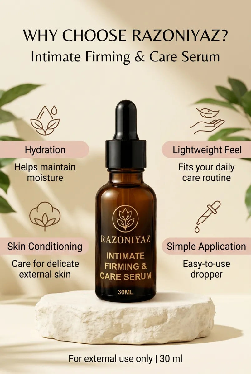 bottle aur black box wali: Razo Niyaz Intimate Firming & Care Serum 30ml bottle beside its black box, white flowers and product feature icons.