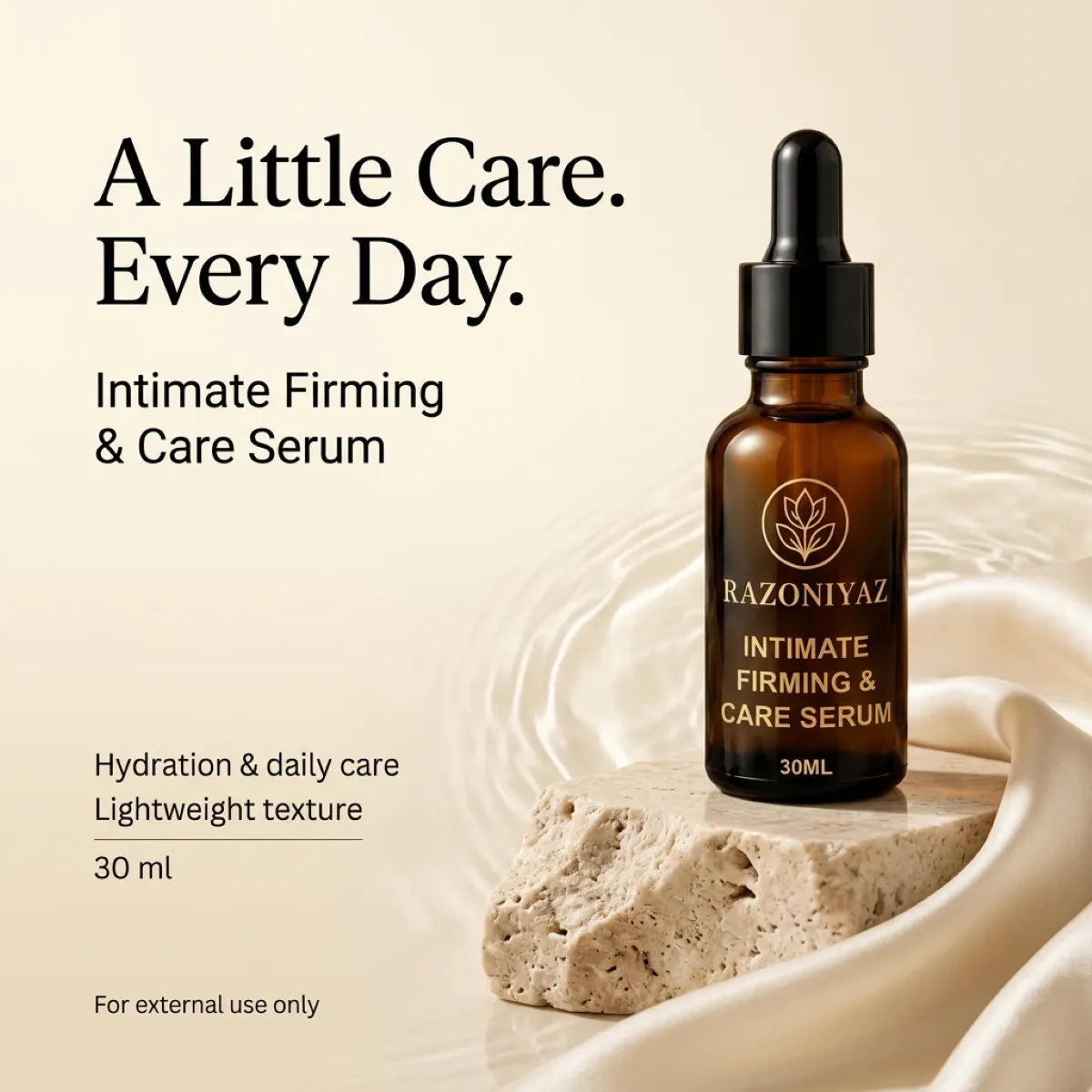 benefits wali: Razo Niyaz Intimate Firming & Care Serum 30ml dropper bottle surrounded by product benefit icons and text.