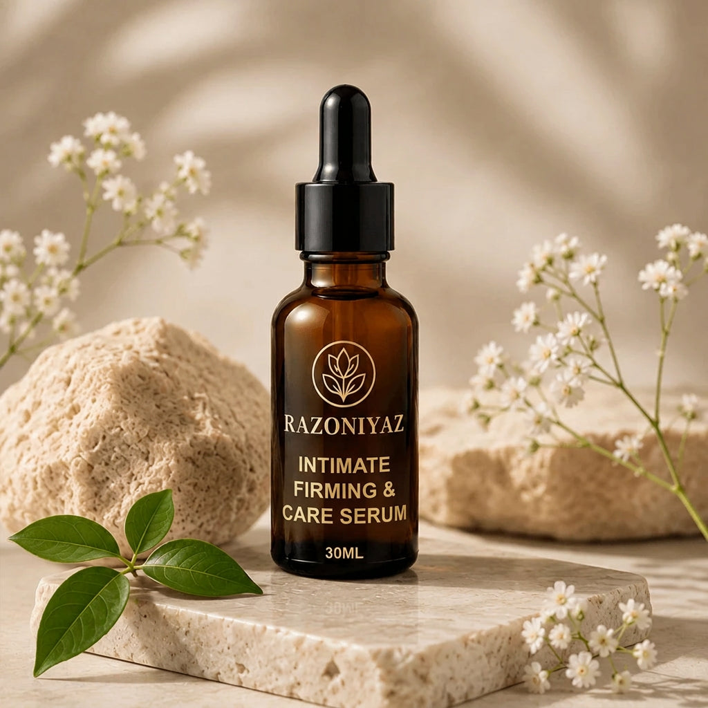 stone slab aur flowers wali: Razo Niyaz Intimate Firming & Care Serum 30ml amber dropper bottle on a stone slab with white flowers and green leaves.