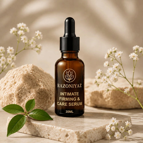 stone slab aur flowers wali: Razo Niyaz Intimate Firming & Care Serum 30ml amber dropper bottle on a stone slab with white flowers and green leaves.