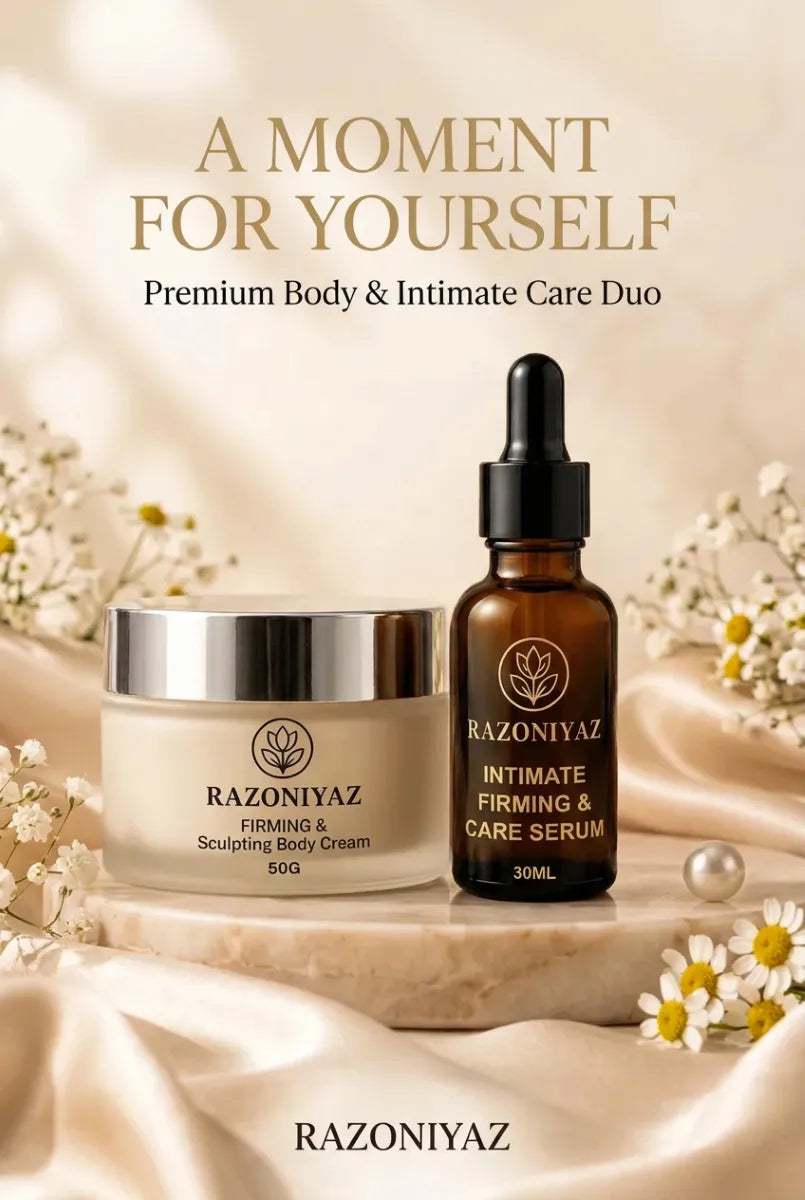 A Moment for Yourself”: Razo Niyaz body cream and intimate serum with satin and white flowers beneath “A Moment for Yourself” text.