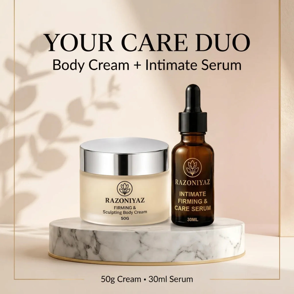 Your Care Duo”: Razo Niyaz 50g body cream and 30ml intimate serum on a marble stand beneath “Your Care Duo” text.