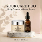 Your Care Duo”: Razo Niyaz 50g body cream and 30ml intimate serum on a marble stand beneath “Your Care Duo” text.
