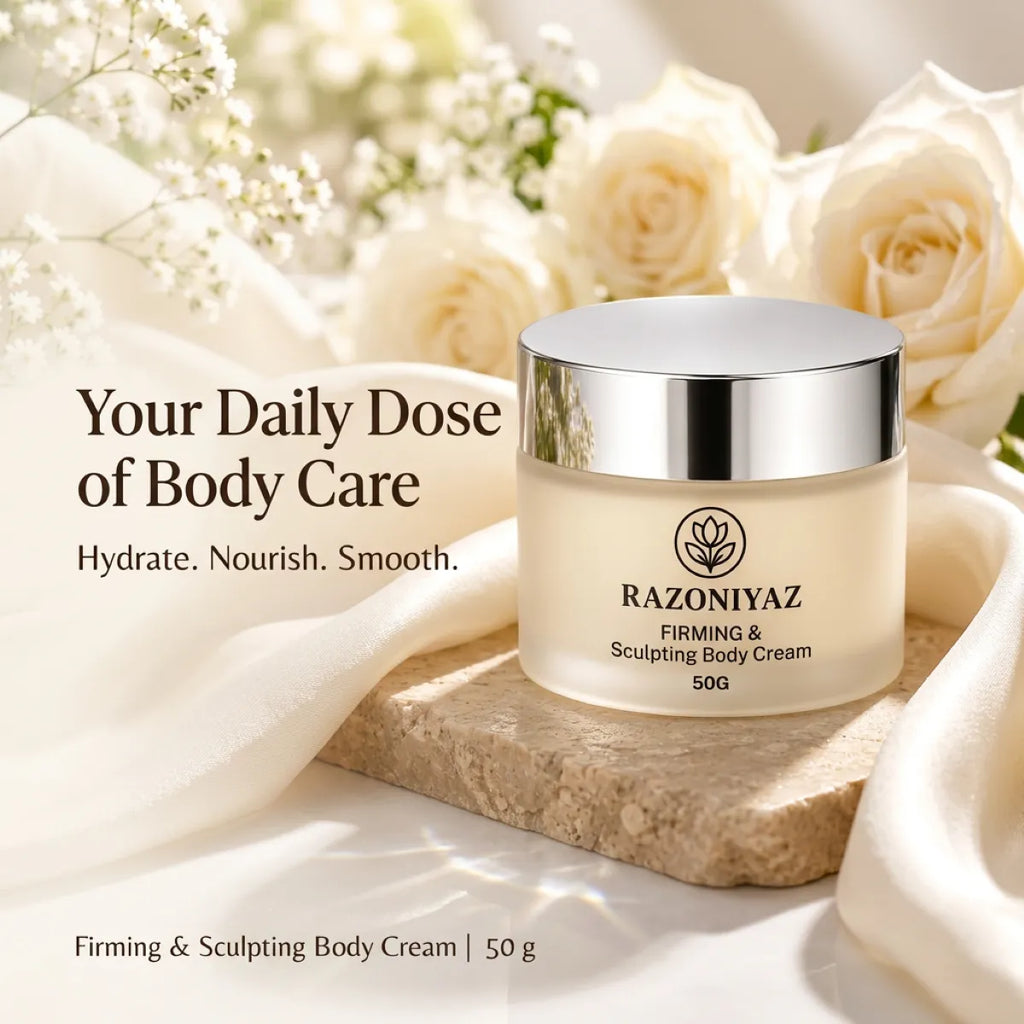  round stand par cream jar: Razo Niyaz Firming & Sculpting Body Cream 50g jar on a round stand with flowers and satin.