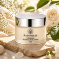 cream jar aur white rose: Razo Niyaz Firming & Sculpting Body Cream 50g jar on a stone slab beside white roses.