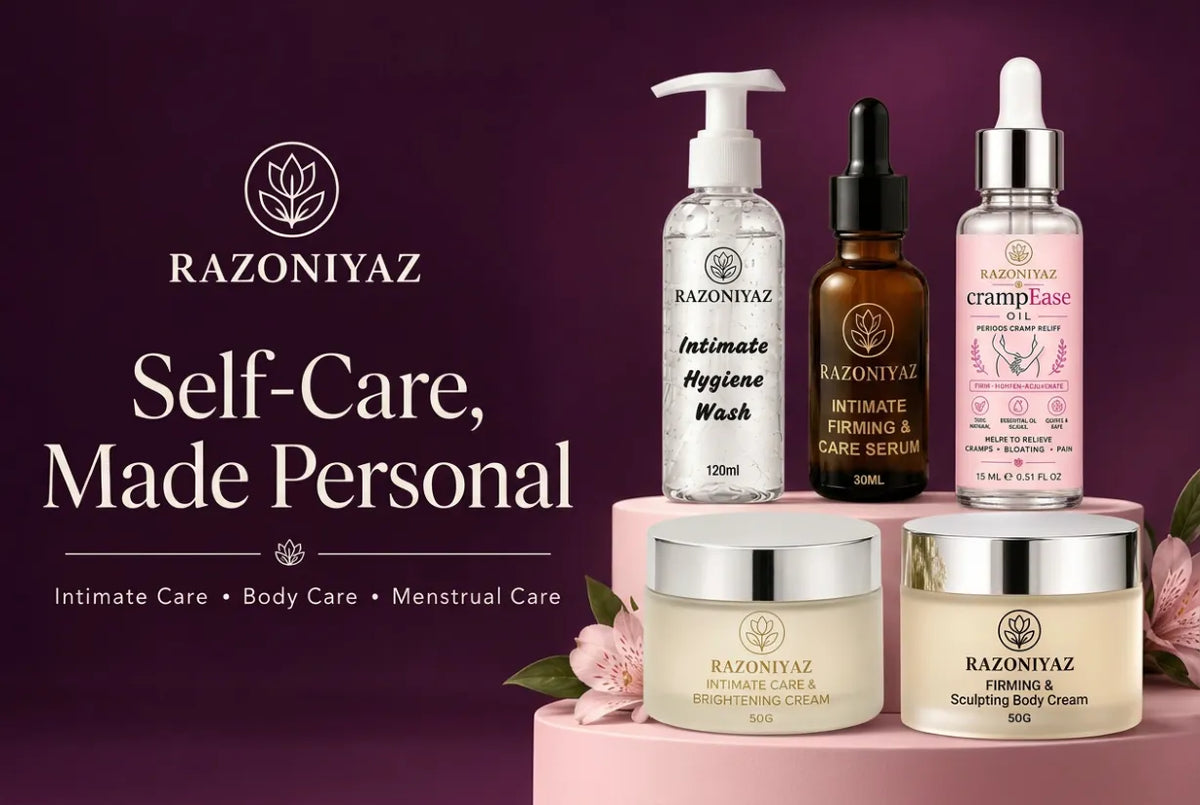Razo Niyaz skincare banner featuring a woman with white flowers, a botanical logo and brand messaging.