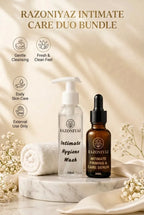 Razo Niyaz Intimate Care Duo with wash, serum, serum box and product feature icons.