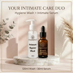 Your Intimate Care Duo”: Razo Niyaz intimate wash 120ml and serum 30ml on a marble stand beneath “Your Intimate Care Duo” text.