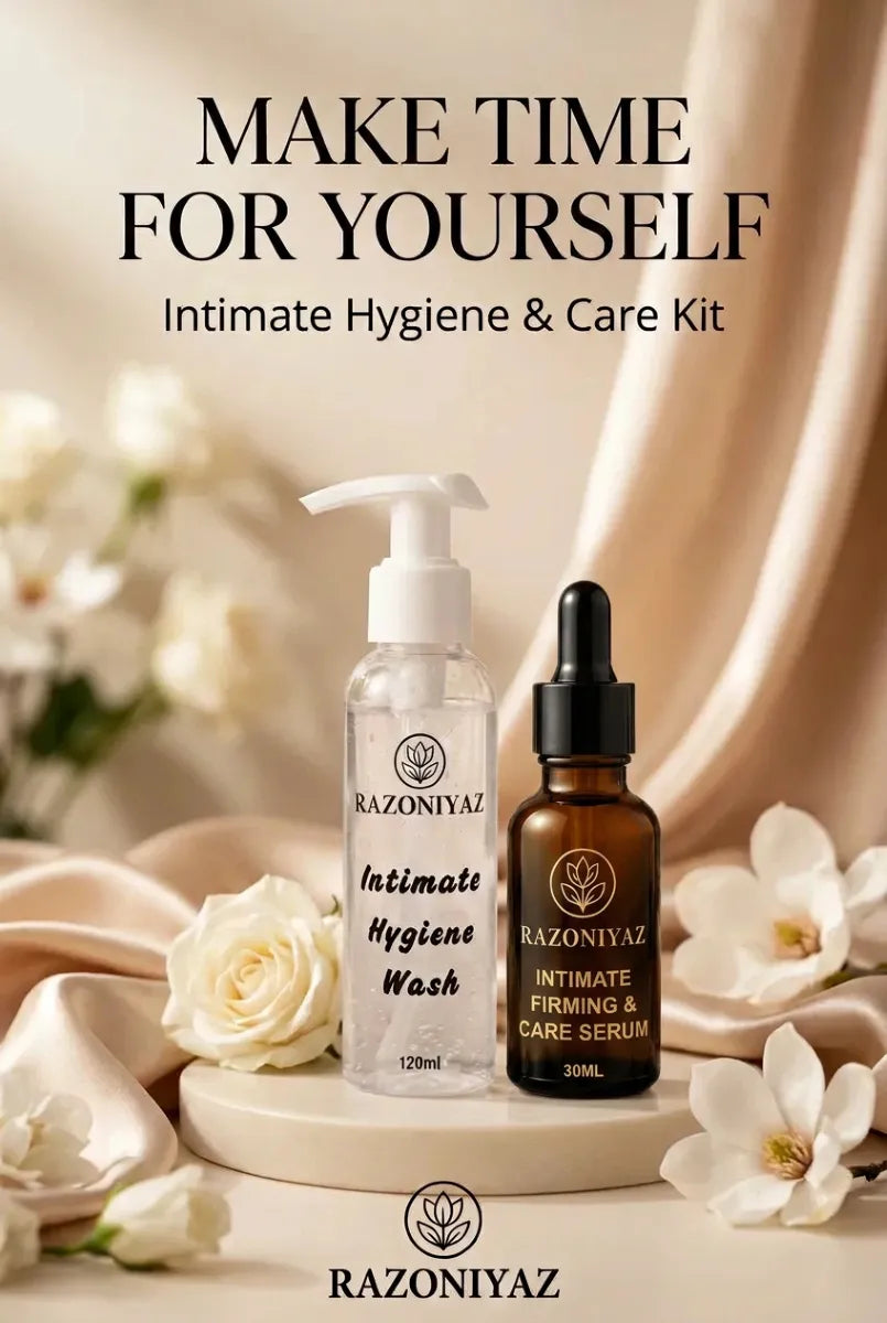Make Time for Yourself”: Razo Niyaz intimate wash and serum with satin and white flowers beneath “Make Time for Yourself” text.
