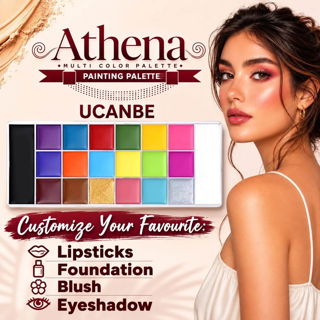 All in one Color Palette with 20 Shades For Lips, Blushes, Eyeshadows and Foundation